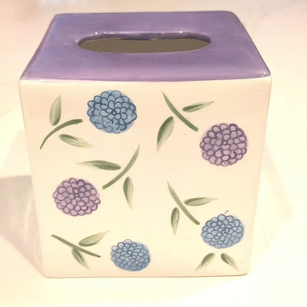 Marimekko Hand Painted Ceramic Floral Square Tissue Box Cover Purple & Blue